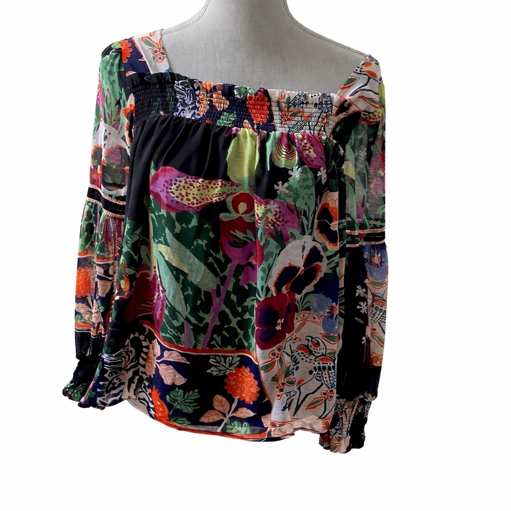 Anthropologie Floral Off-Shoulder Blouse | Pink Green Boho Top
